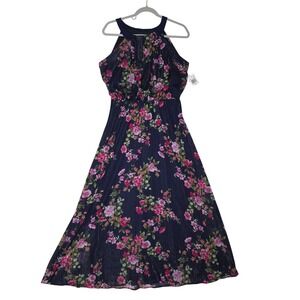 NWT SignaturebyRobbie Bee Navy Floral Metallic Halter MaxiDress 8P Boho Easter